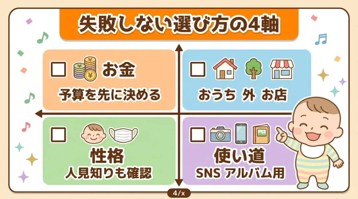 1歳バースデーフォトに合う撮影方法の選び方【4軸でチェック】