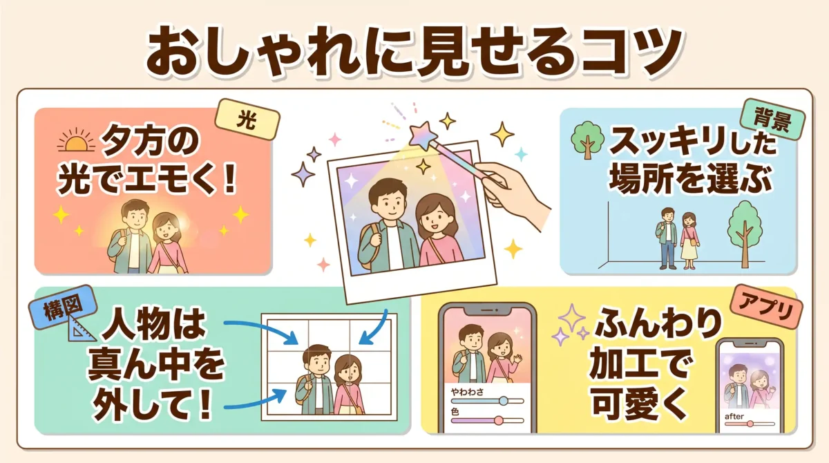 カップル写真がおしゃれに見えるコツ〜光・構図・背景・加工アプリ〜
