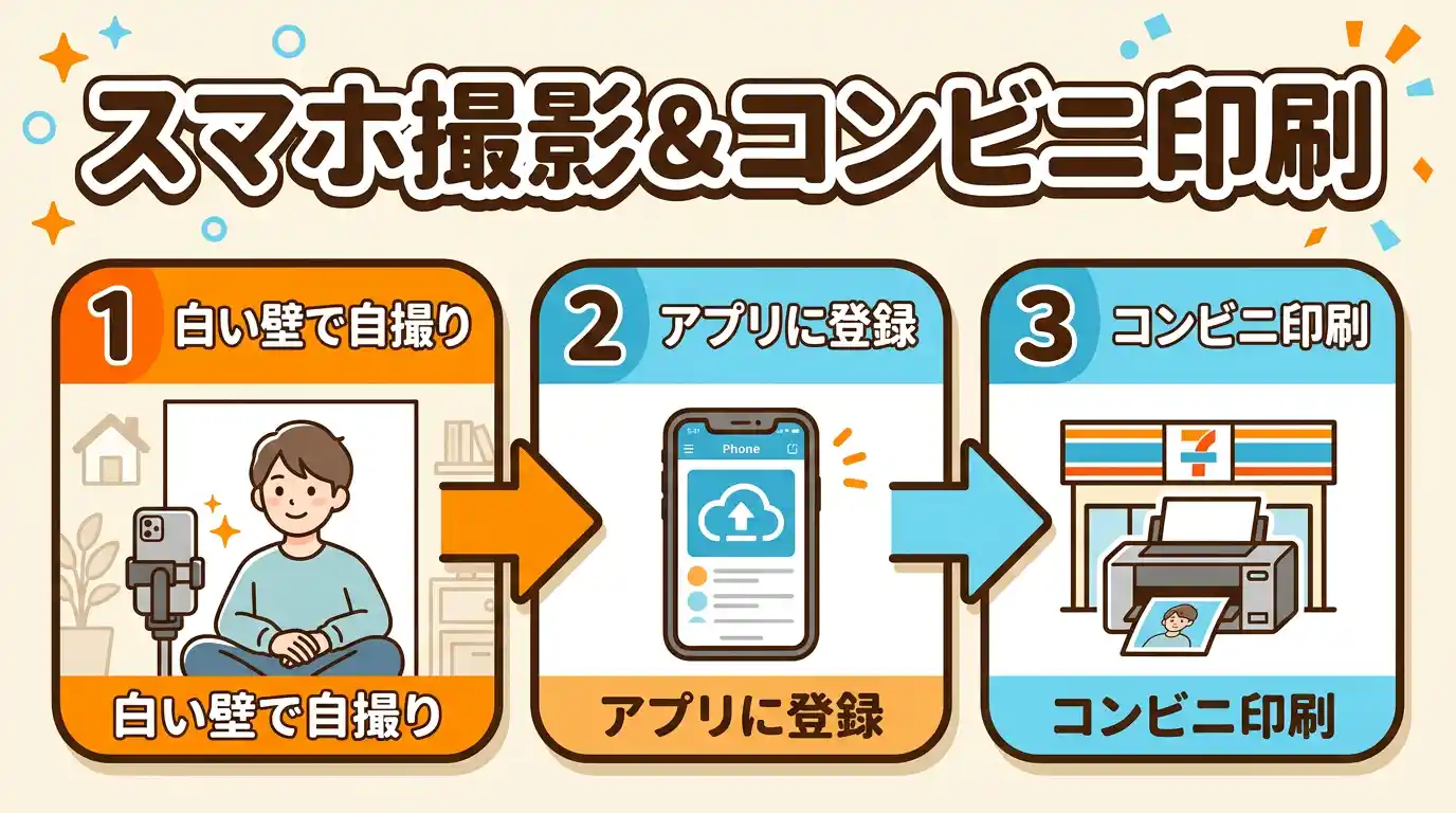 スマホ自撮りで証明写真を撮ってコンビニで印刷する方法