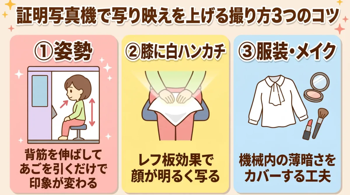 証明写真機で写り映えを上げる撮り方3つのコツ：姿勢・レフ板・服装