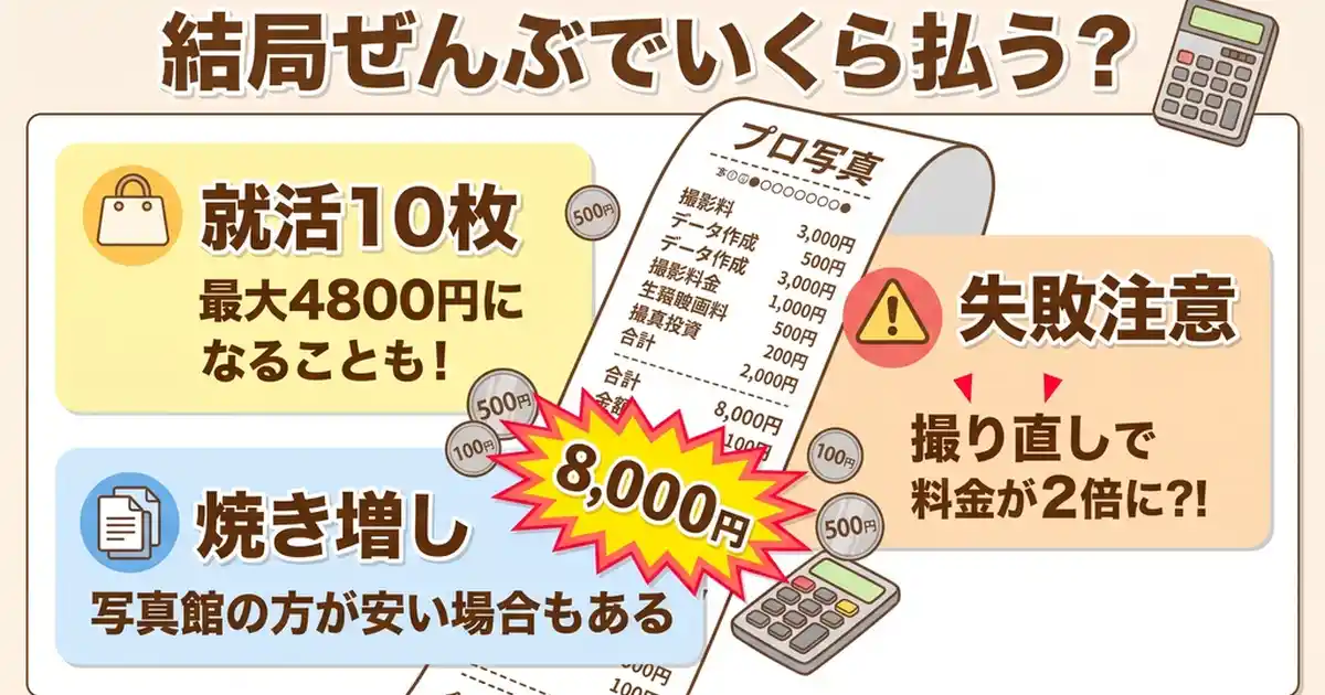 証明写真機のリアル総額シミュレーション〜撮り直し・焼き増し・データ代の合計〜